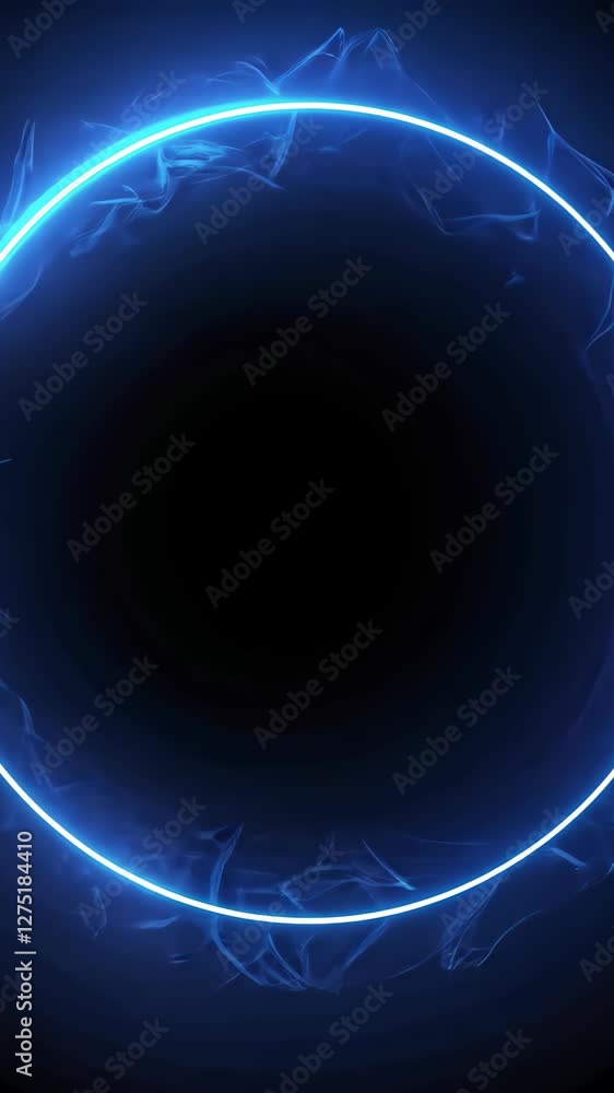 Poster abstract blue light ray ring against black background featuring looping patterns and modern digital 
