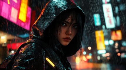 An Asian woman with black hair under her hood, walks through a cyberpunk city street in the rain background wallpaper AI generated image