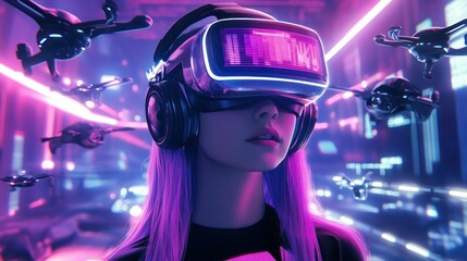 A cyber girl wearing futuristic VR glasses, surrounded by AI drones and digital data streams, background wallpaper AI generated image