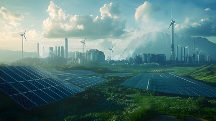 Futuristic Eco-Friendly Industrial Landscape with Renewable Energy Infrastructure