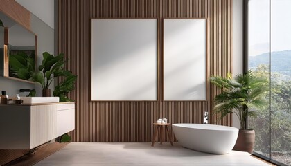 Luxurious Minimalist Bathroom Mockup in Monochromatic Ambiance, 3D Render Evoking Elegance and Sophistication with Textured Marbles and Polished Surfaces.