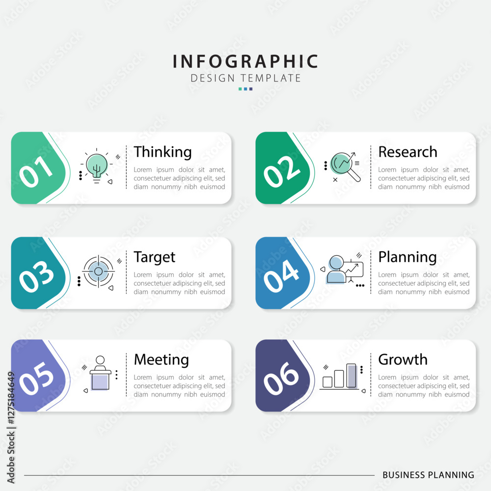 Aufkleber Infographic template. 6 Step timeline journey, Flat simple infographics design template. presentation graph. Business concept with numbers 6 options or steps vector illustration.