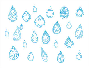 Set of water drops. Hand drawn waterdrop illustration. Set of versatile water splash vector illustrations. Collection of light blue water droplet and splash vector graphics.
