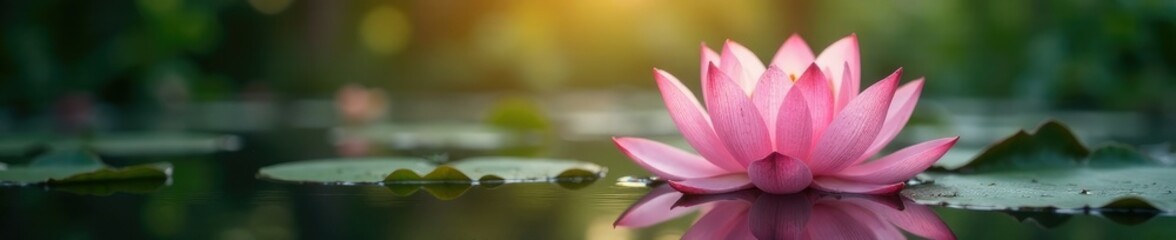 Fototapeta premium Pink Lotus Flower in Water with Sunlight Filter, natural light, water scene