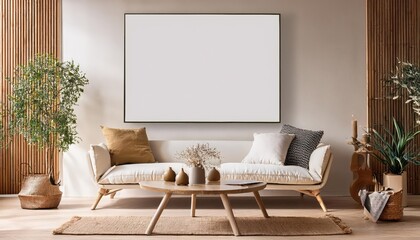 Scandinavian Style Living Room Mockup Poster Cozy, Modern, and Minimalist 3D Rendered Scene with Nordic Colors and Textures for Digital Art, Home Decor, or Design Inspiration