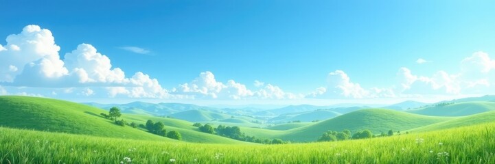 Fototapeta premium Soft wispy clouds drift across a brilliant blue sky with gentle rounded hills in the distance, blue sky, rolling hills, soft clouds