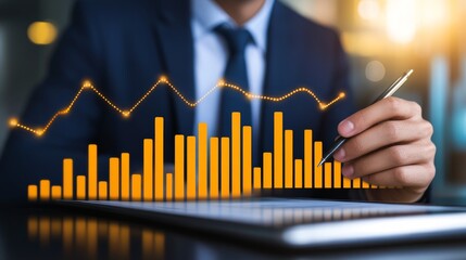 Business professional analyzing financial data on a tablet with a vibrant graph overlay