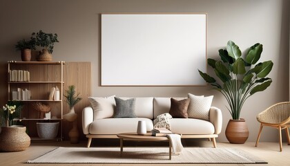 Scandinavianstyled Mockup Poster 3D Rendered Living Room Backdrop Exuding Modern Minimalism and Warmth with a Cool Nordic Aura, Ideal for Digital Art, Home Decor or Design Inspiration.