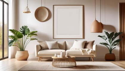 Scandinavian 3D Rendered Living Room Poster Modern Simplicity Meets Cozy Minimalism in a Stylish, Inviting Environment