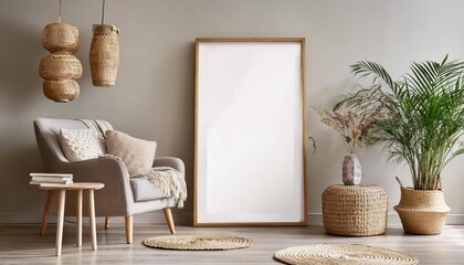 Scandinavianstyle Mockup Poster A Cozy Living Room Backdrop in 3D Rendered Ambiance, Exuding a Calm and Modern Scandinavian Flair.