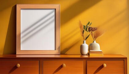 Elegant Amber Sideboard Showcased by a Rustic Wooden Frame against a Warm, Cozy Wall, Perfect for Home Decor or Artistic Inspiration.