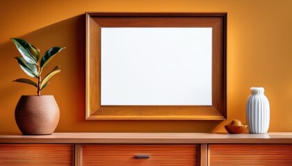 Amberhued wooden frame against rustic sideboard, evoking warmth and elegance in a cozy home setting, adorning the living space with natural charm.