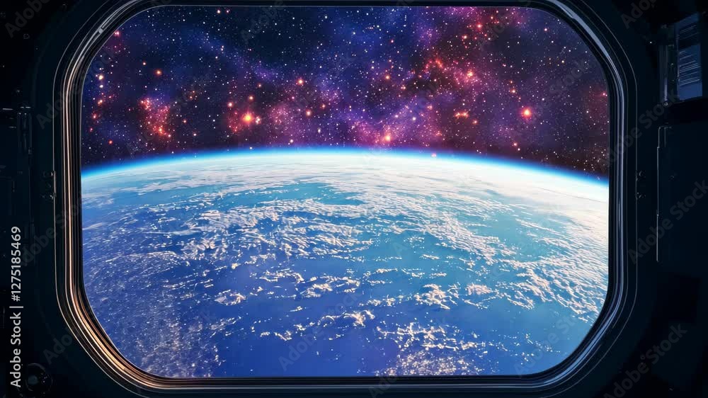 Poster view of earth from a spaceship window set against a cosmic backdrop of stars and galaxies, animated 