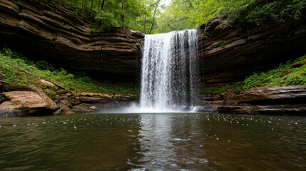 A serene waterfall cascades over rocky cliffs into a tranquil pool, surrounded by lush green foliage, creating a peaceful natural oasis.