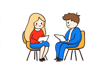 A girl and a boy are sitting in chairs and looking at a computer screen