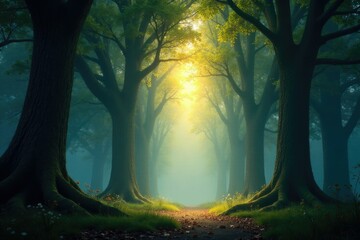 Naklejka premium Towering trees with glowing soft ethereal light, ancient, luminescent