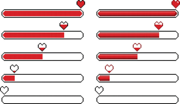 Game Pixel heart with loading bars, 8 bit video arcade health life status, illustration elements icons. red decrease empty health bar or energy meter