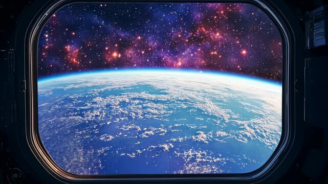 View of Earth from a spaceship window set against a cosmic backdrop of stars and galaxies, Animated background of space view from spaceship window ing time-lapse video
