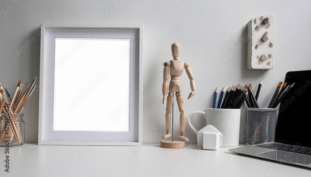 Poster mockup artists clutterfree workspace showcased within a white frame and ample copy space, offering a
