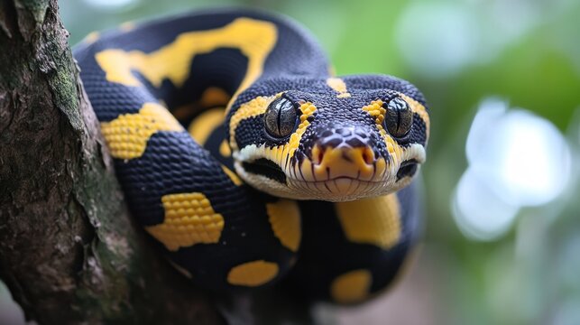 Stunning Close-Up of a Black and Yellow Python Wrapped Around a Tree Branch