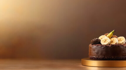 A beautifully decorated chocolate cake topped with banana slices, presented on a golden platter against a warm, blurred background.