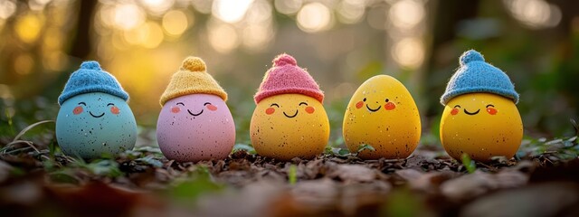 Eggs dressed as people with hats and smiling faces