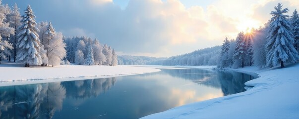 Winter landscape with frozen lake and snow-covered trees, snowcovered, lake