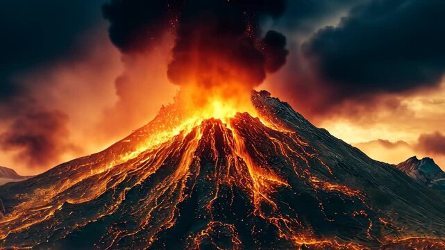 Erupting volcano reveals stunning lava flows and ash clouds at sunset in dramatic mountain landscape, erupting volcano of mountain video background ing footage