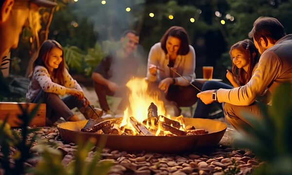 Family roasting marshmallows campfire backyard night