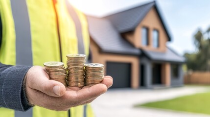 Construction worker in safety vest holds coins in hand with modern house backdrop, symbolizing investment