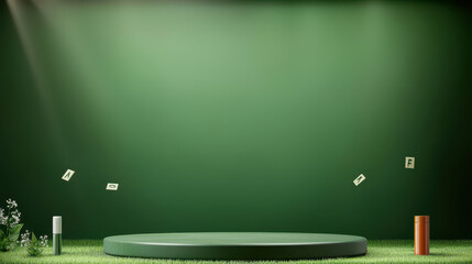 A minimalistic green stage with floating elements, surrounded by grass-like texture, illuminated by soft lighting.