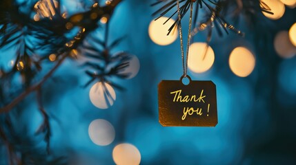 close-up of a Christmas ornament hanging from a branch of a tree. The ornament is in the shape of a rectangular tag with the words Thank you! written in gold cursive font.