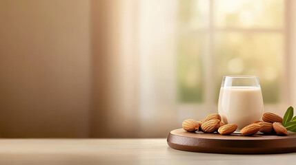 A glass of almond milk sits on a wooden platter surrounded by almonds, with soft natural light coming from a nearby window.
