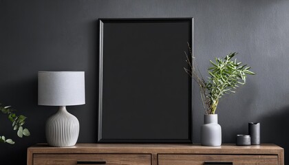 Black Poster Pop Art Strikes Sleek Modernity Against Empty Dark Living Room Wall, Showcasing a Cabinet and Minimalist Interior in a Mysterious, HighContrast Scene.