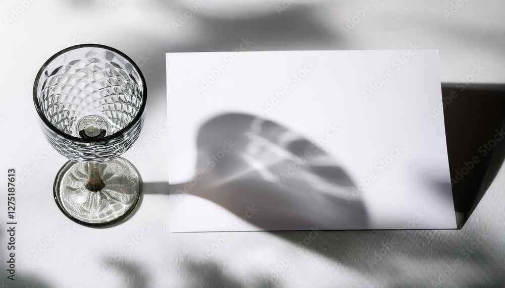 Poster charming mockup of blank greeting card featuring shadows from a glass goblet on white background, el