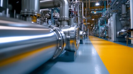 Fototapeta premium Industrial facility interior showcasing large metallic pipes and machinery along a yellow pathway