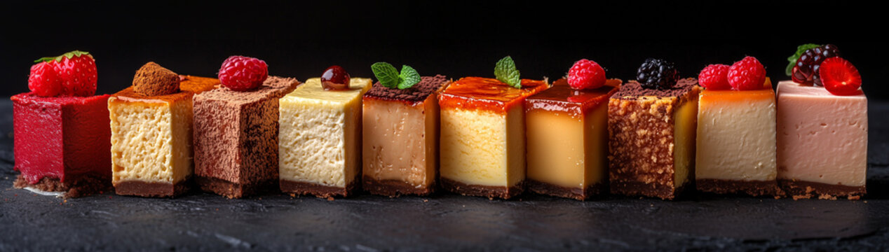 Set of cheesecake pieces on a black background close up, created with Generative AI technology
