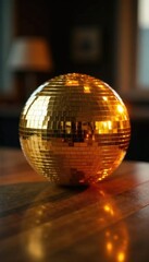 Shimmering gold disco sphere on a wooden table top, sphere, decoration, modern