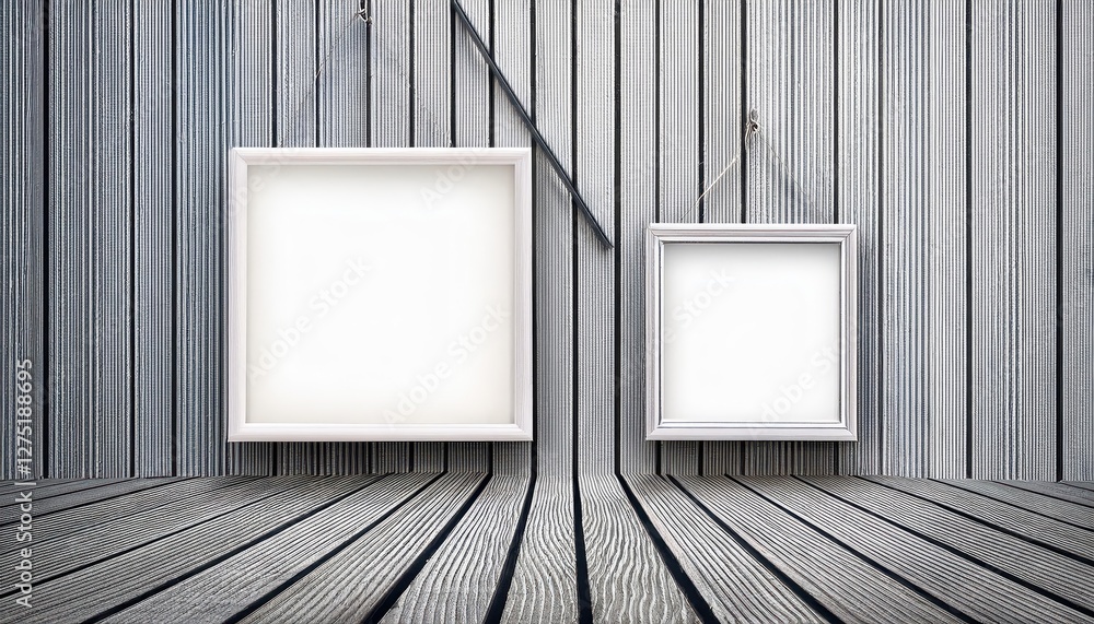 Poster minimalist white frames displaying vacant square canvases in a modern studio setting, elevating clea