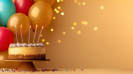 A festive birthday cake surrounded by colorful balloons and sparkles, perfect for celebrations.
