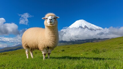 Fototapeta premium Fluffy Llama Against Snow Capped Mountain
