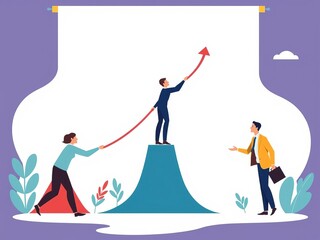 Teamwork concept illustration of male and female figures climbing career steps together towards success in partnership and leadership, flat design, progress, goals