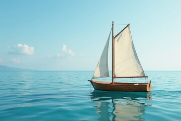 Fototapeta premium Small wooden sailboat on a serene and still sea, peaceful, wave