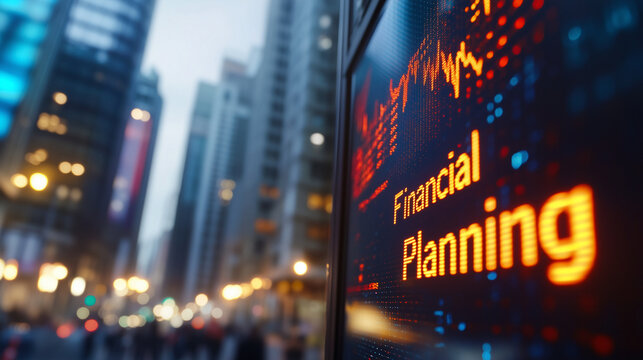 "Financial Planning" backlit sign, graph motif - Powered by Adobe