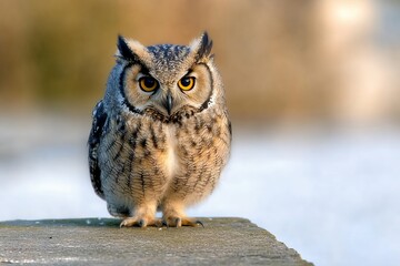 Focused Owl Perched on Stone in Winter Scene