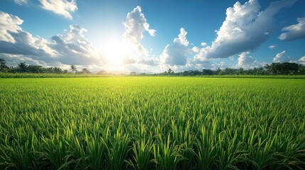 Lush rice paddy field at sunset