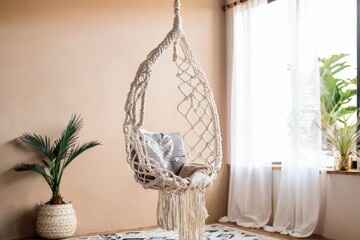 Modern beach house with wooden furniture, hanging chair and decorative plants near a window