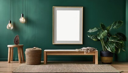 Dark Green Room Interior 3D Rendered Mockup Frame Close Up in Moody Living Space with Bench and Eclectic Dcor, Perfect for Home Design Inspiration or Digital Art