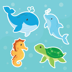 Cute sea animals cartoon sticker
