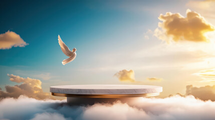 A serene scene featuring a dove soaring above clouds, with a vibrant sky and a circular platform, evoking feelings of peace and tranquility.